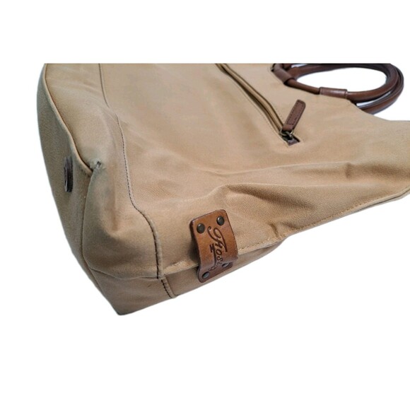 VINTAGE Fossil Canvas Handbag Leather Trim Circle Ring Round Handles Purse - Picture 2 of 7